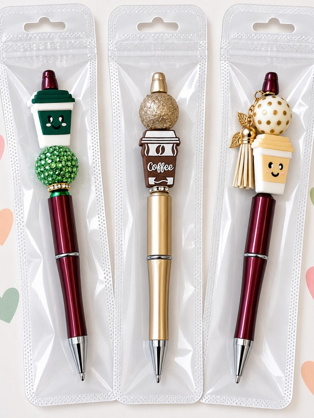 3pc Beaded Charm Pen Bundle Coffee Theme Handcrafted